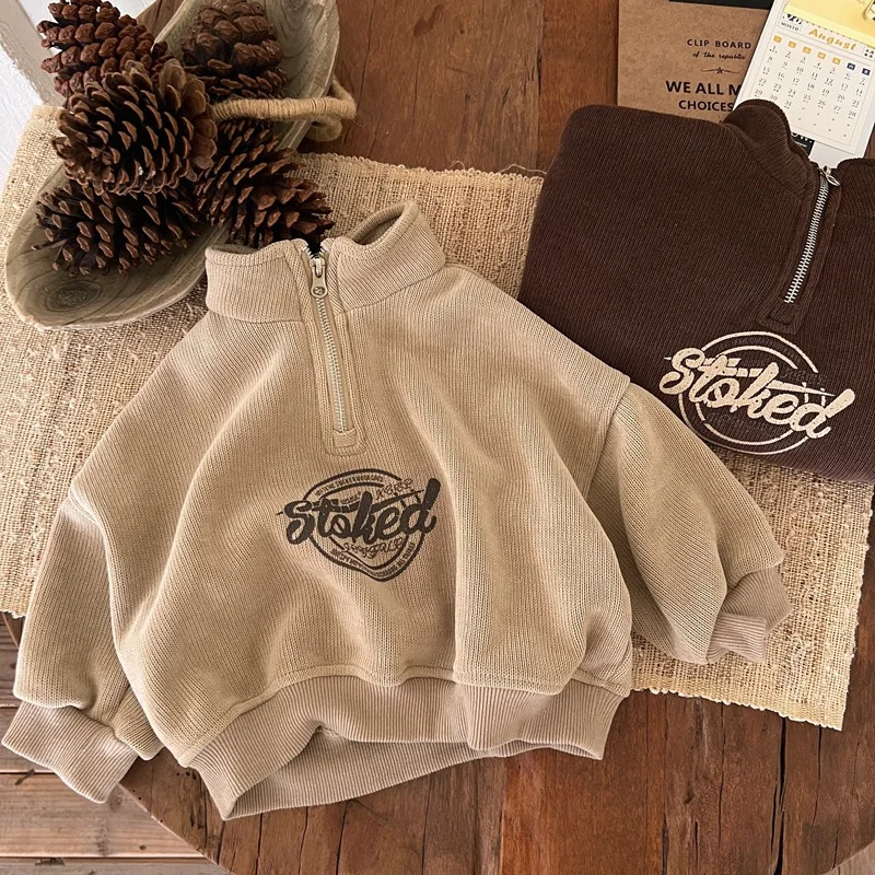 Boys Hoodies Sweatshirts Cotton Thicken Velvet Khaki Warm Winter Autumn Windproof Baby's Kids Children's Clothing
