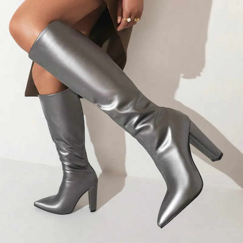 

New Metalic Grey Lake Blue Green Yellow Pointed Toe Stilettos Ladies Mature Pumps Winter Warm Shoes Thick High Heels Knee Boots