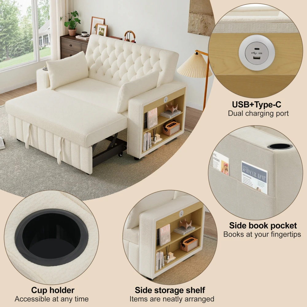 Multifunktionales Schlafsofa, modernes Klappsofa mit Stauraum und Schlaffunktion, Getränkehalter, USB-Ladeanschluss und Kissen – Detail 12