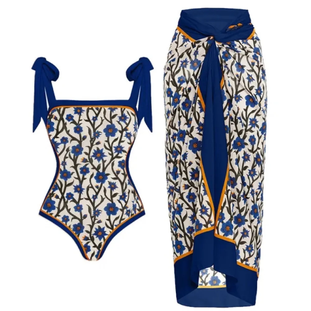 2025 New 2PC Print Retro Swimwear Push Up Playa Women's Swimsuit One Piece Bodysuit Patchwork Bathing Suit Pads Female Set