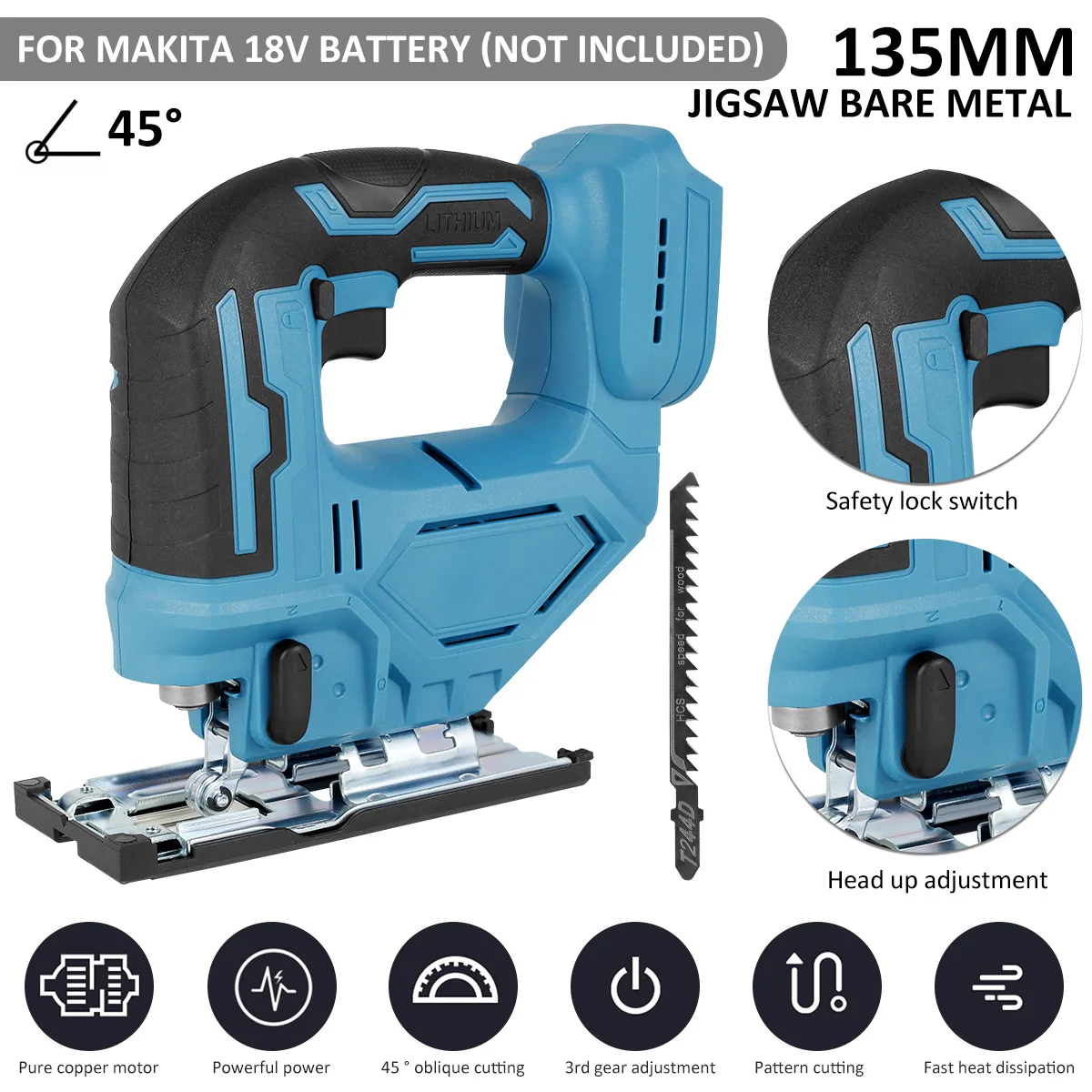 

3000RPM Cordless Jigsaw Electric Jig Saw Adjustable 0-45º Cutting Degree Portable Power Tool Compatible With Makita 18V Battery