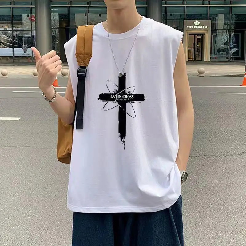 

2024 European and American Men's Fashion Casual Loose and Versatile Sleeveless T-shirt 4051