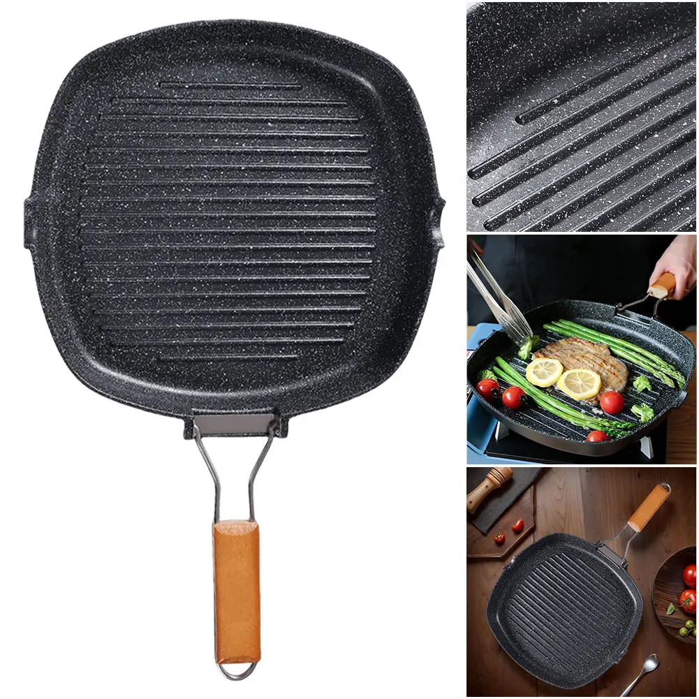 Frying Pan Foldable Portable Frying Pan Picnic Grill Pan Anti-scald Wooden Handle Outdoor Grill Double Mouth Steak Pan(No Lid)