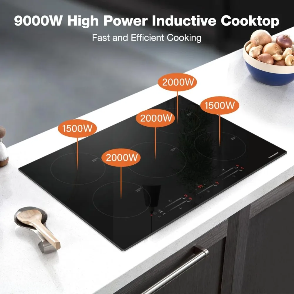 30 Inch Induction Cooktop, 9000W Built in Induction Stove Top, Electric Cooktop with 5 Boost Burner, 9 Heating Level, Timer 2