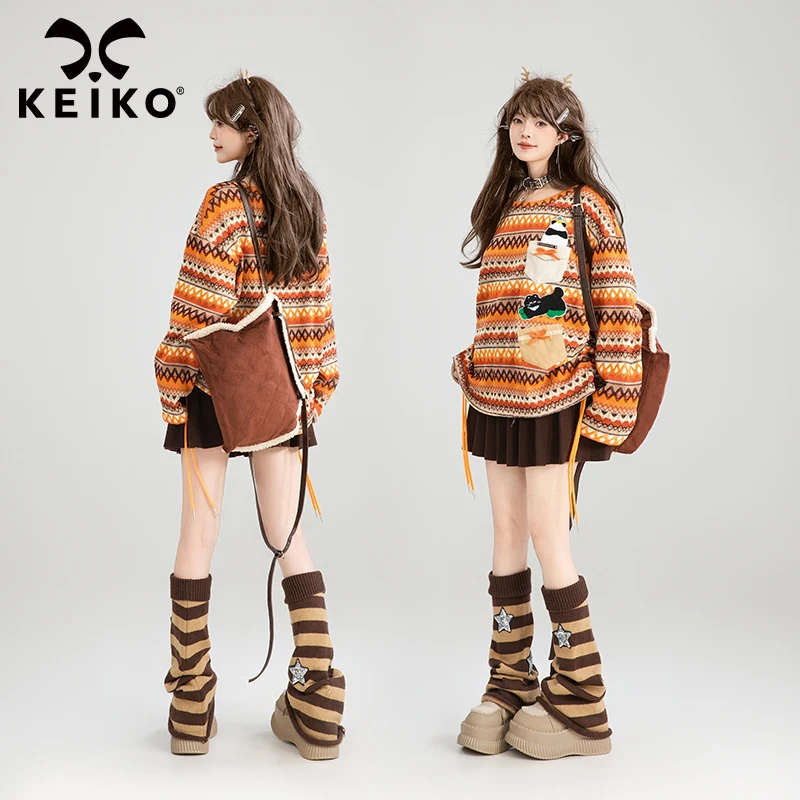 KEIKO Sunset Orange yarn-dyed striped Knitwear thin 2025 early spring South French vintage decal loose long-sleeved top