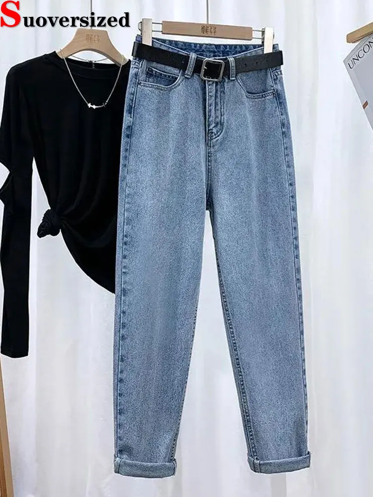 

No Sashes Casual Harem Jeans 2024 Spring Straight Vaqueros Mujer Ankle Length Denim Trousers Women High Waist Cowboy Baggy Pants