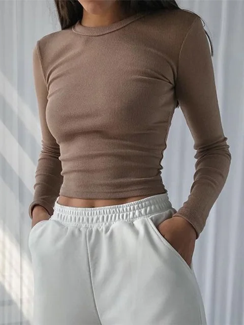 O Neck Long Sleeve Shirt Women Ribbed Sexy Cropped Tops 2022 Spring Black Casual Skinny Slim Basic Woman T Shirts White 3
