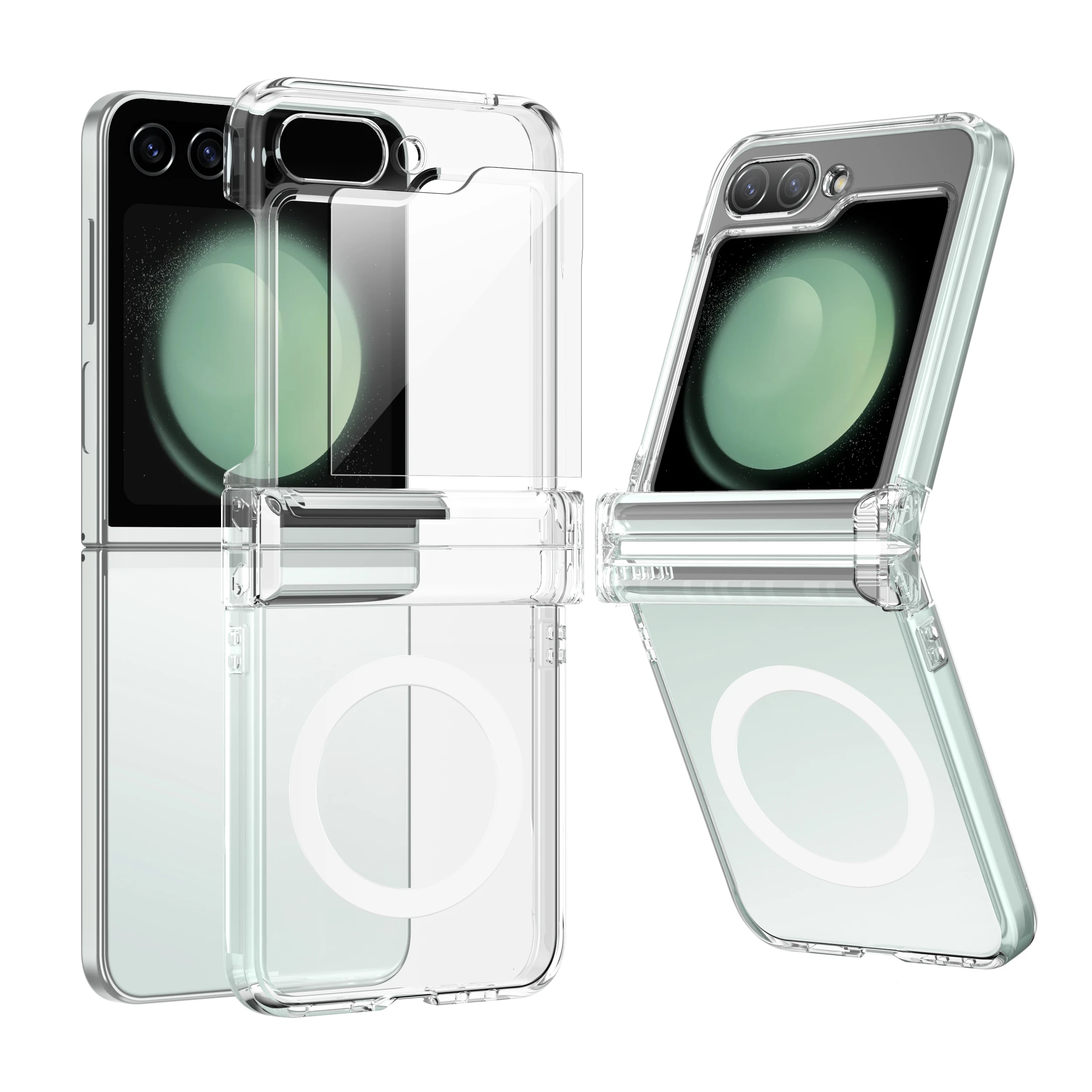 

For Samsung Galaxy Z Flip 5 5G Case Transparent Folding Hingle Magnetic Wireless Charging With Mirror Film Shockproof Hard Cover