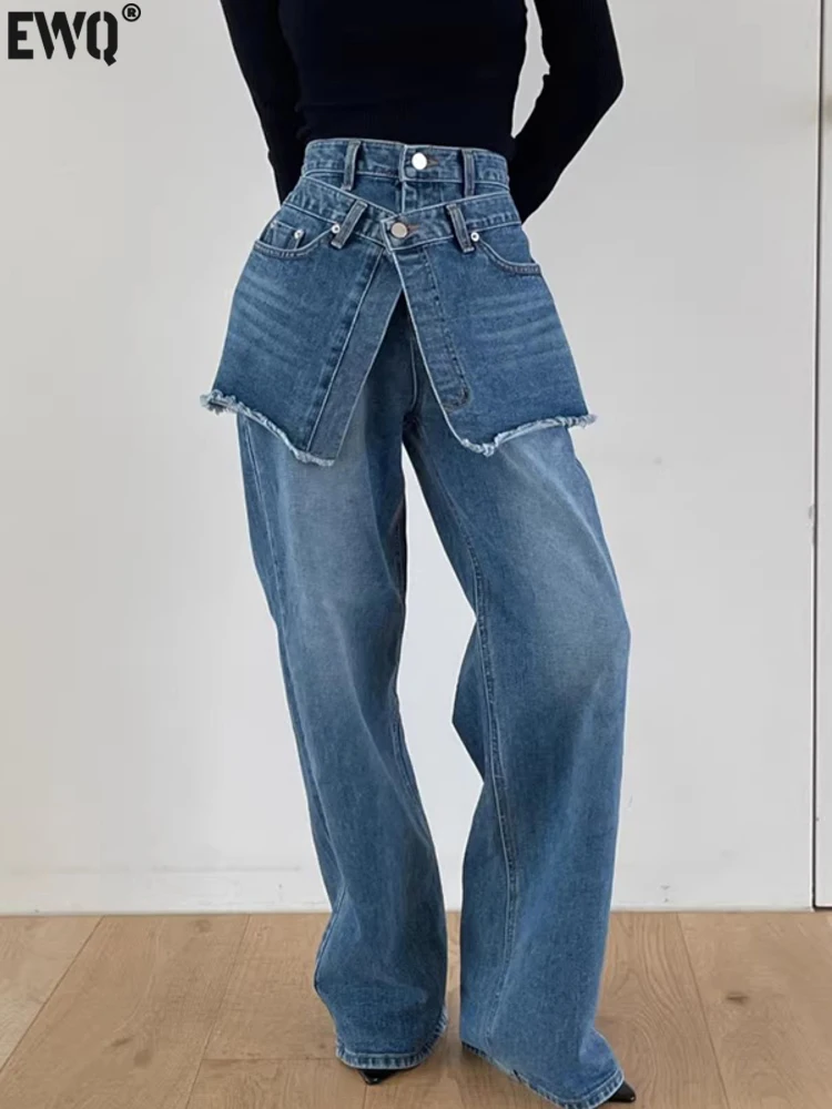 

[EWQ] Patchwork With Waistband Denim Pants For Women Streetwear High Waist Pocket One-button Jeans 2023 Autumn Winter New 6U4169