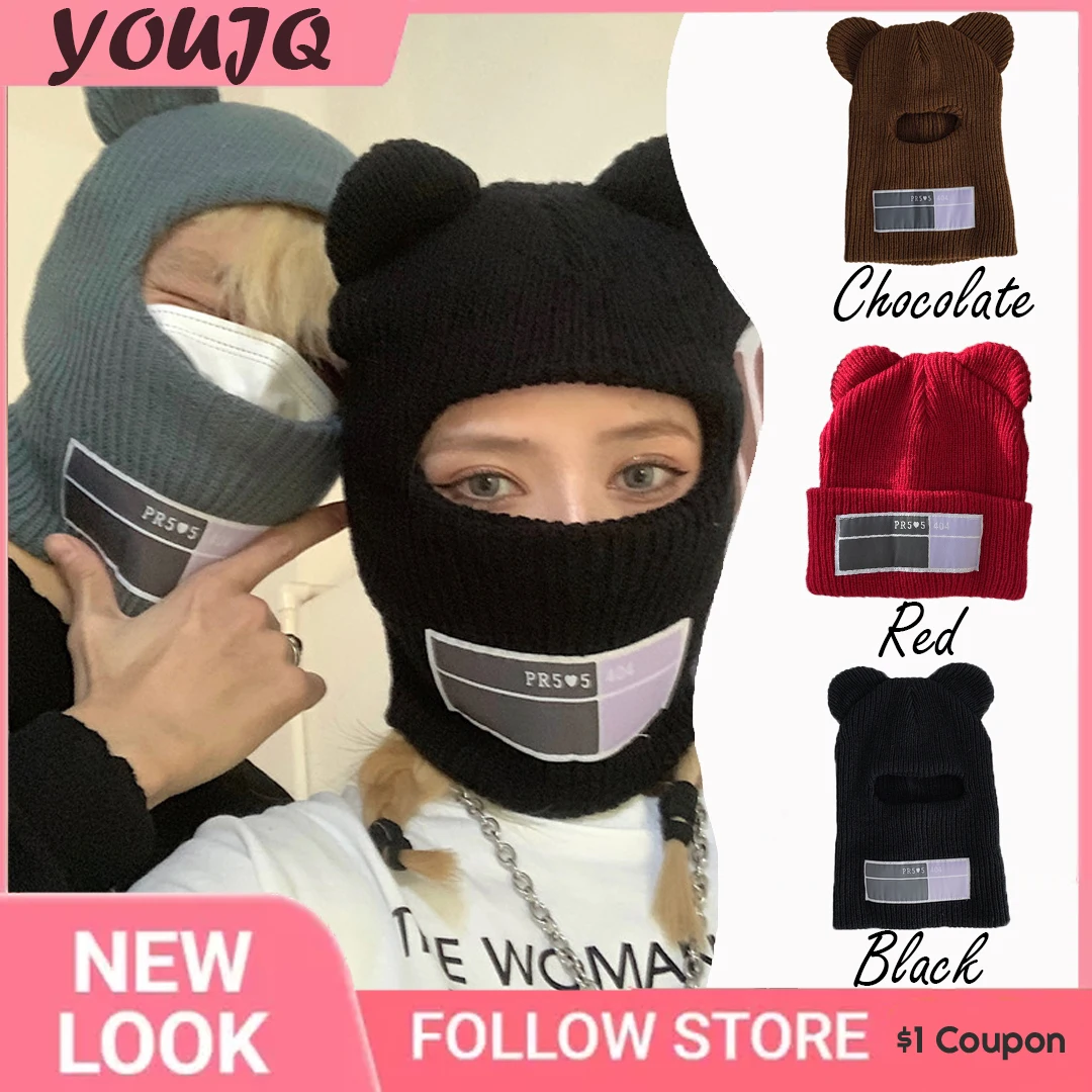 

Y2K Balaclava Women's Winter Neck Protection Knitted Hat Woolen Cap Unisex Autumn Bear Ear Beanie Knitted Hooded Collar Bonnet