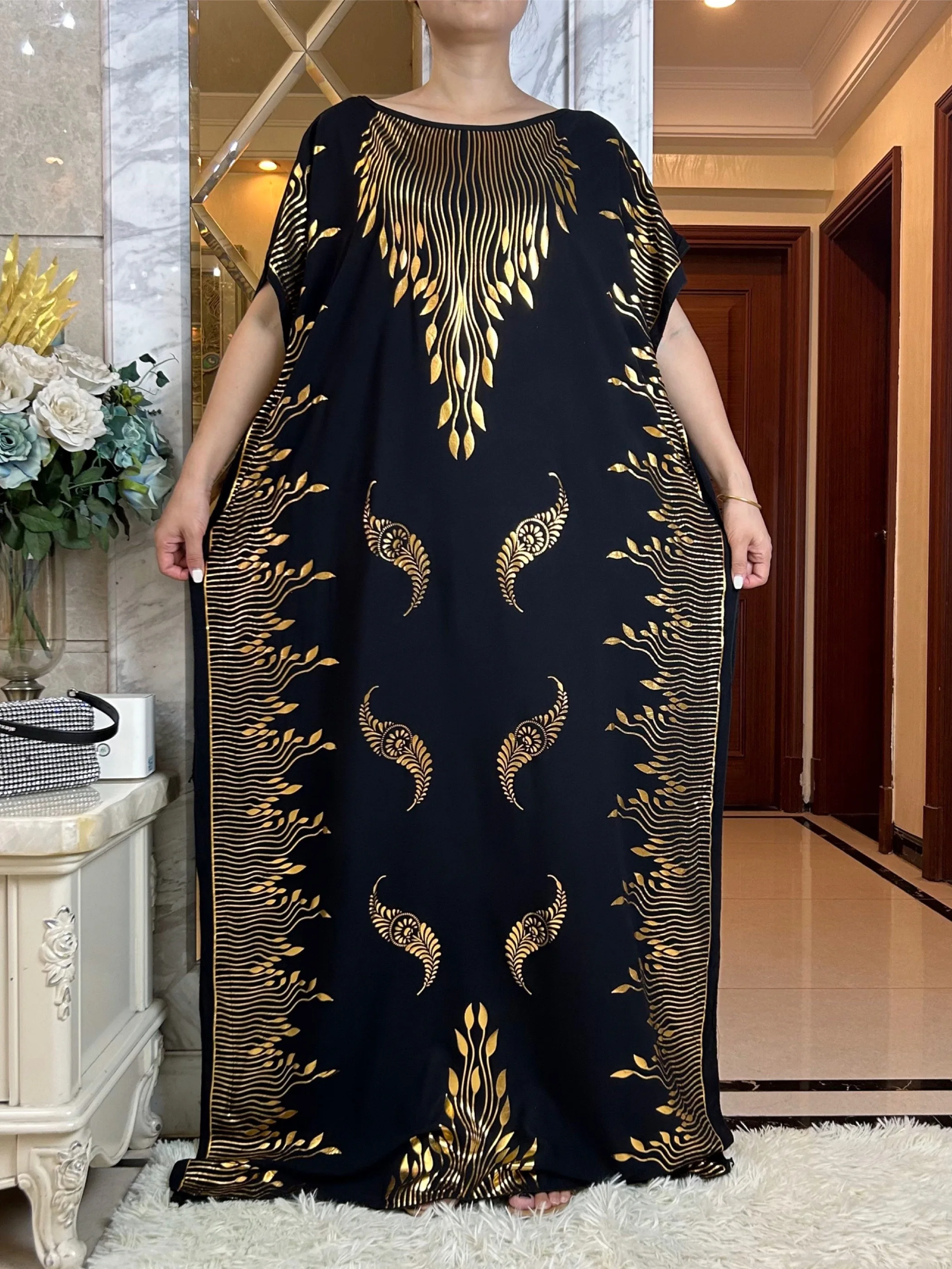 Dress for Women Muslim Summer Short Sleeve Boubou Maxi Islam African Loose With Big Scarf