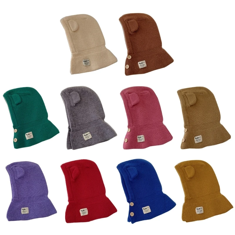 

Stylish Winter Hat Bear Ear Baby Hooded Scarf Hat Solid Color Warm Beanie Cap Windproof Ear Protections Neckerchief