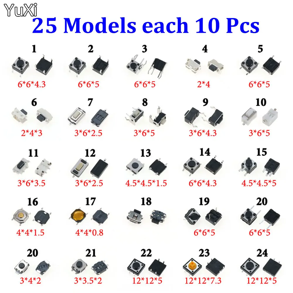 

250pcs Car Remote Control Key Touch Switches Touch Key Component Package Micro Tact Switch Kit Tactile Push Button Switch