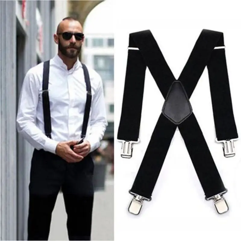 

New Man's Suspenders Braces Black Leather Suspenders Strong 4Clasps Casual Suspensorios Trousers Strap Gift For Dad 5*120cm