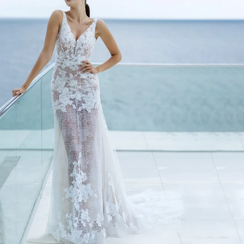 

Elegant Ivory V-Neck Sleeveless Backless Court Train Illusion Mermaid/Trumpet Lace Woman Wedding Dresses Bridal Engagement Party