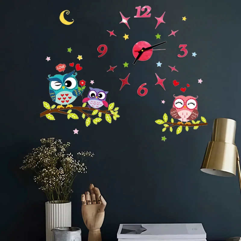 2022 Children'S Room 3D Diy Wall Clock Modern Home Decoration Owl Art Sticker Decal Acrylic Quartz Watch Living Wall Clocks