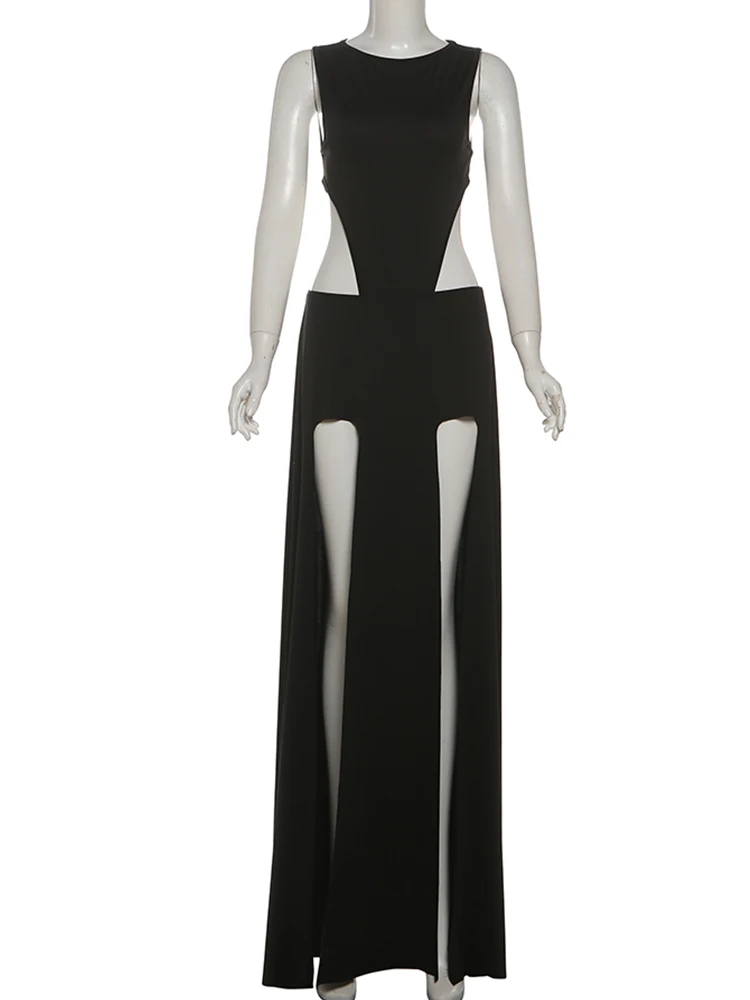 Nibber Hottie Female Sexy Fashion 2 Piece Set o-Neck Sleeveless Skinny Bodysuits+High Splits Long Skirts Midnight Party Clubwear