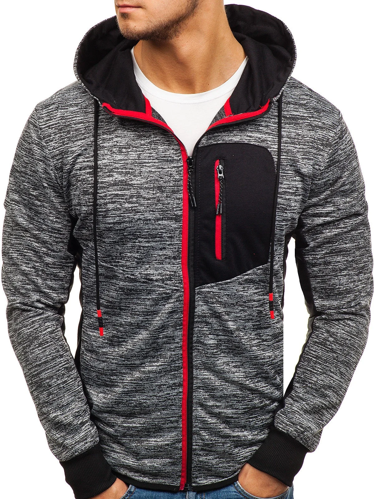 

Men's Hoodie Jacket Zipper Hooded Coats Patchwork England Style Sweatshirt