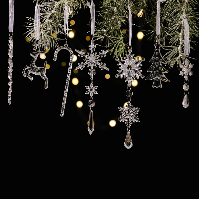14Pcs Christmas Acrylic Ornaments Set Clear Snowflake Icicle Xmas Tree Hanging Pendants Christmas Home Decoration New Year Gifts