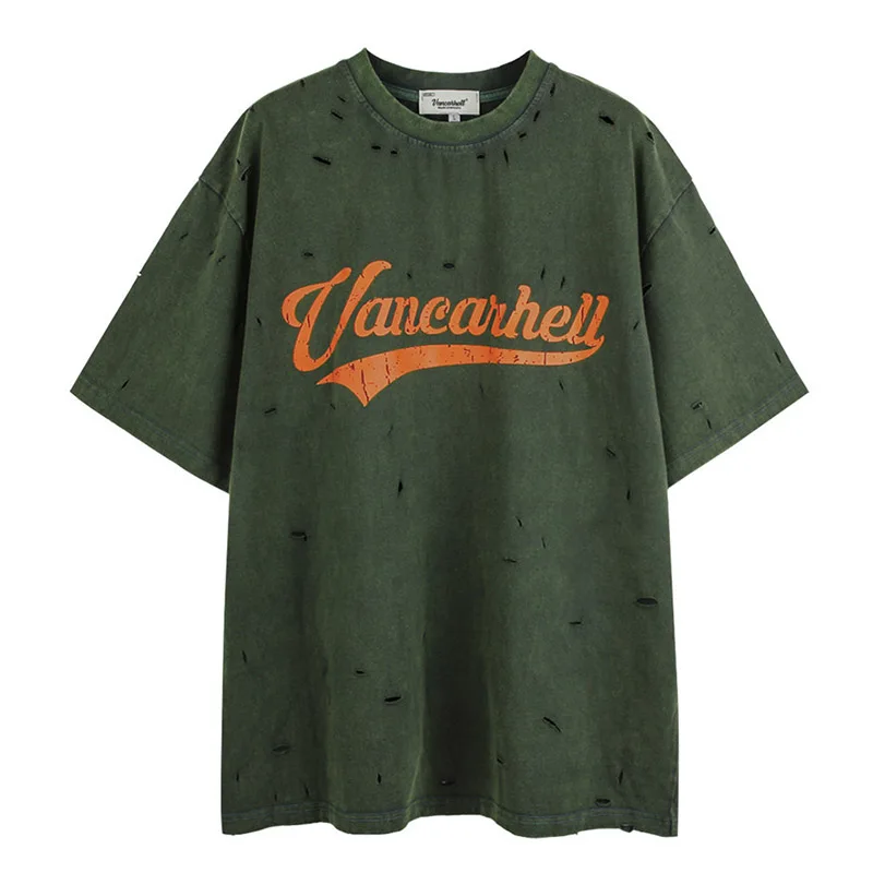 

Vintage Oversized Hip Hop Printed T-shirt Harakuju Ripped Punk Style Top Tees For Male Loose Fit