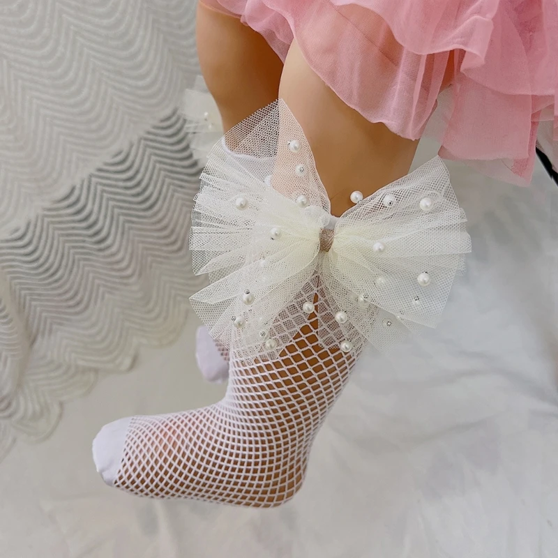 

Toddlers Baby Fishnet Stockings with Bow Fancy- Sock Bow Mesh Lace Mid- Tube Socks Girls Summer Dress Socks Breathable