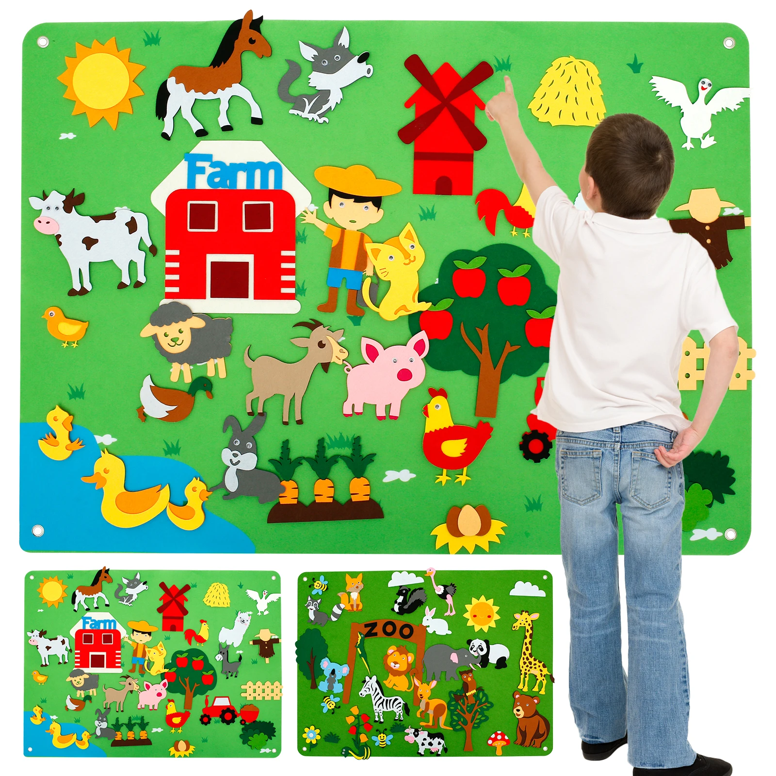 3.5Ft Children's Teaching Felt Board Farm Animals Felt-Board Story Set Early Learning Interactive Play Set Zoo Flannel Board