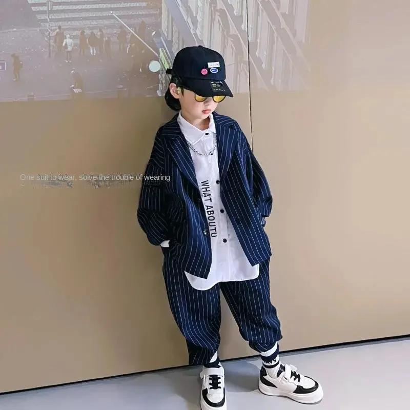 

3-12 Yrs Teenager Boys Blazer Suit 2023 Spring Autumn Children Navy Blue Handsome British Striped Youth Jacket + Pant 2pcs Set