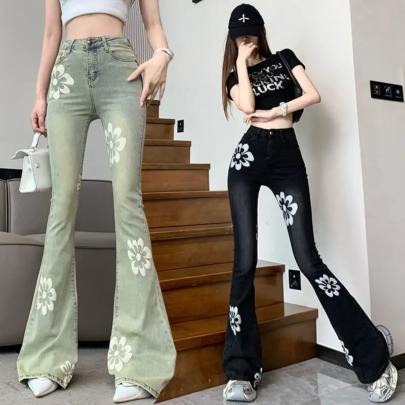 American Vintage High Waist Skinny Flare Jeans Spring Summer Women Fashion Casual Versatile Slim Floral Straight Denim Pants