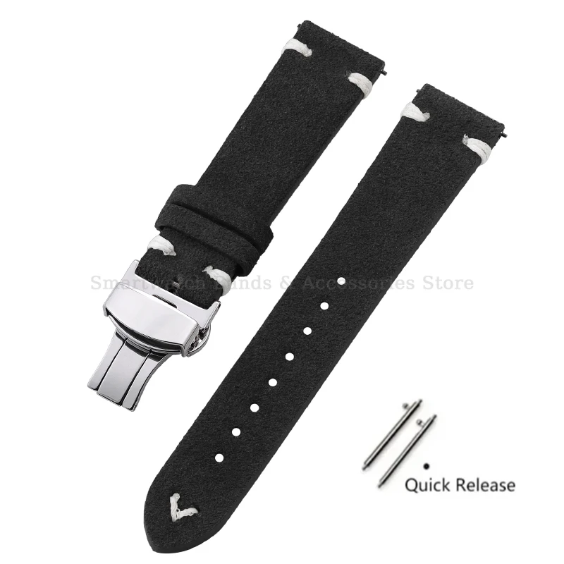 Vintage Handmade Suede Stitch Leather Watch Strap with Quick Release and Folding Clasp