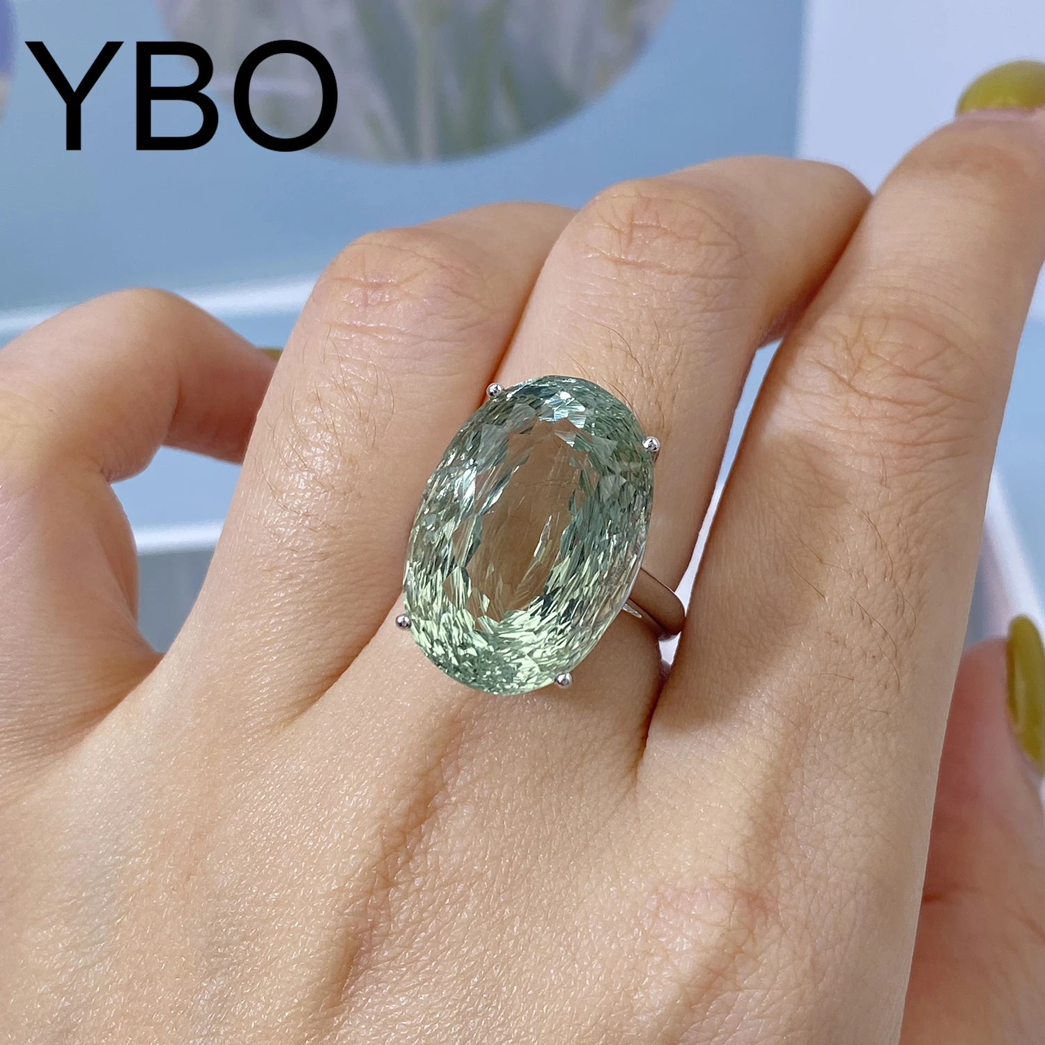 

YBO 20CT Natural Green Amethyst Crystal Rings For Women 925 Sterling Silver Big Gemstones Fine Jewelry Vintage Party Ring Jewels
