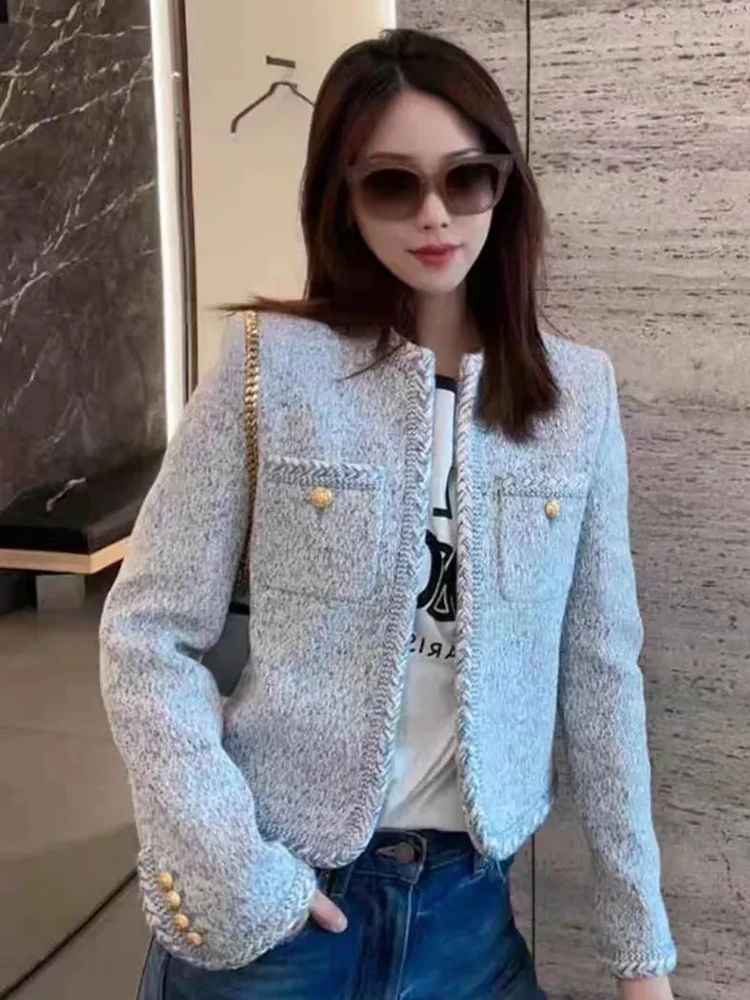 

Zoki French Sweet Women Tweed Jacket Elegant Buttons Faux Wool High Quality Coat Fashion New Long Sleeve Casual Female Outwear