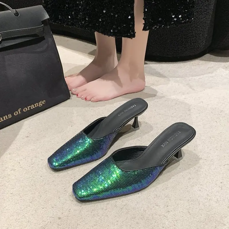 

Shoes for Women New Fashion Mules Women's Slippers New Sexy Party Slippers Women Pointed Toe Bling Shoes Female Heeled Slippers