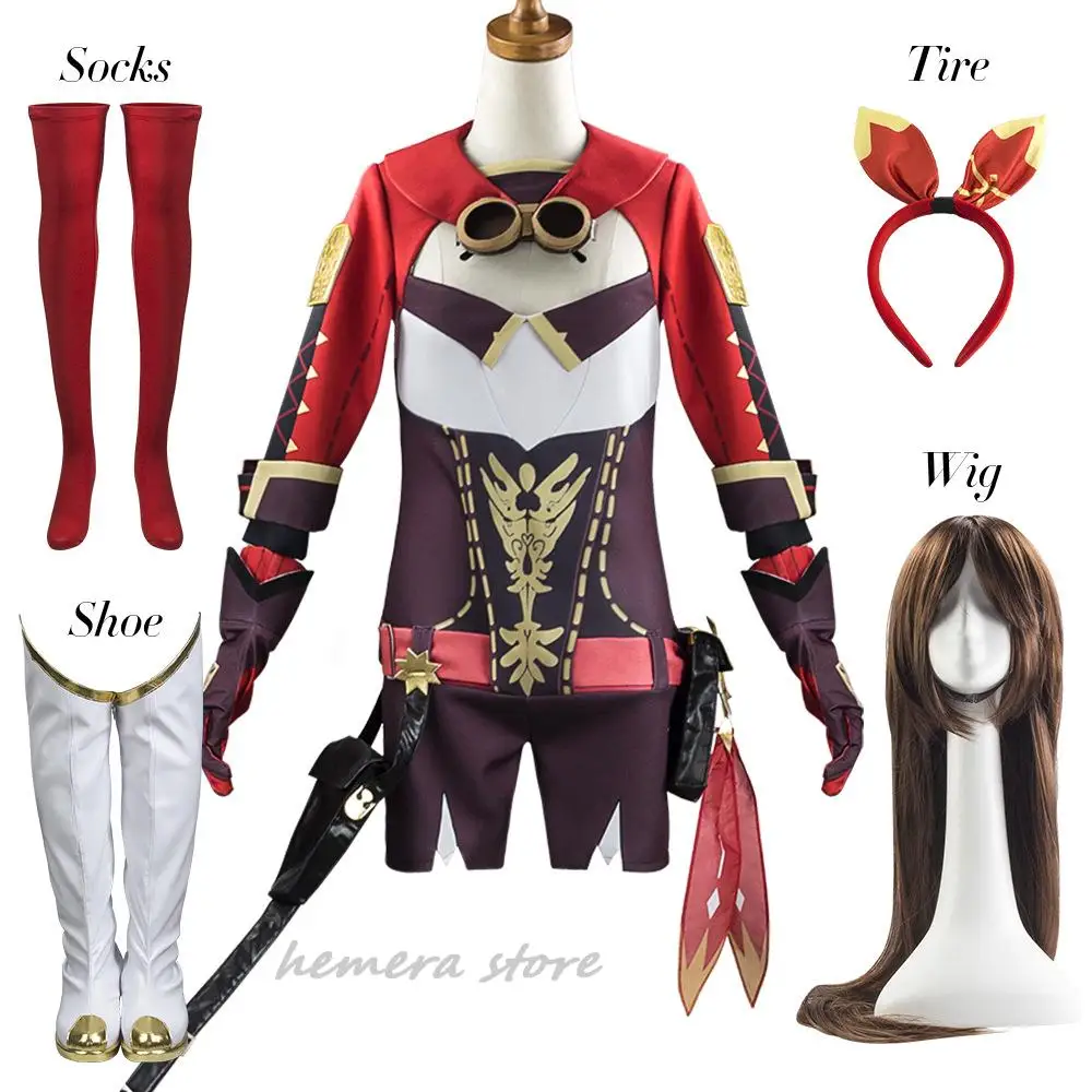 

Genshin Impact Amber Cosplay Costume Amber Cosplay with Glasses Women Red Comtume Halloween Wig Top Pant Uniform Full Set