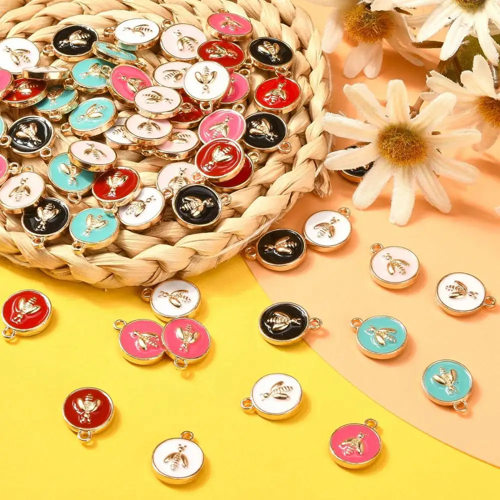 PandaHall 60 Pcs 6 Colors Enamel LightGold Charms Flat Round Bee Animal Honeybee Mini Charm for Jewelry Making