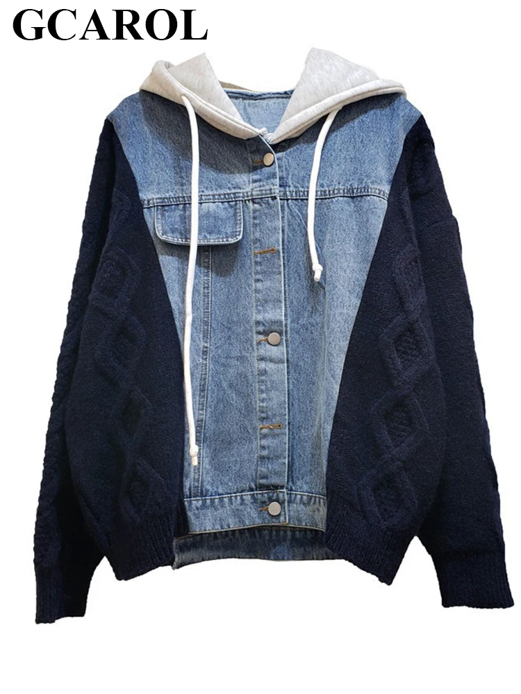 

GCAROL Autumn Winter Women Denim Spliced Hooded Sweater Coat Fake 2 Pcs Oversize Boyfriend Style Cardigan Casual Argyle Jacket