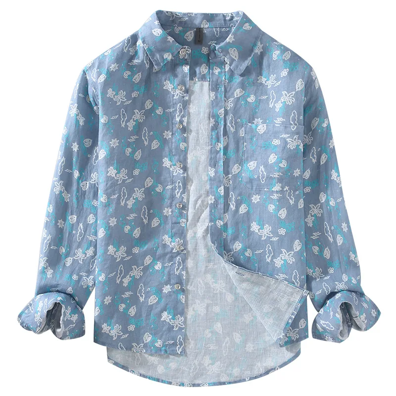 Retro Spring Summer New Printed Floral Men's Linen 100% Business Casual Shirts For Men High Street Loose Thin Clothes Tops