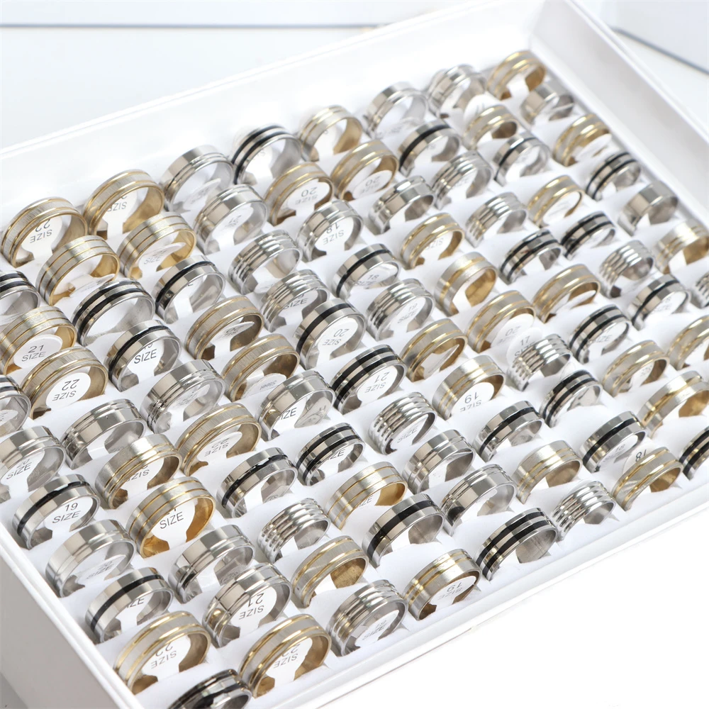 20Pcs/Lot Fashion Classic Hollow Stripe Stainless Steel Rings Men Women Luminous Rhinestone Mix Style Jewelry Party Wedding Gift
