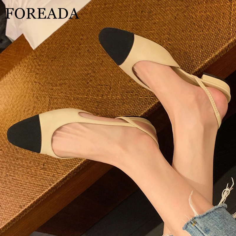 

FOREADA Women Pumps Round Toe Thick Low Heels Mixed Colors Concise Design Ladies Fashion Career Shoes Summer Apricot Beige 40