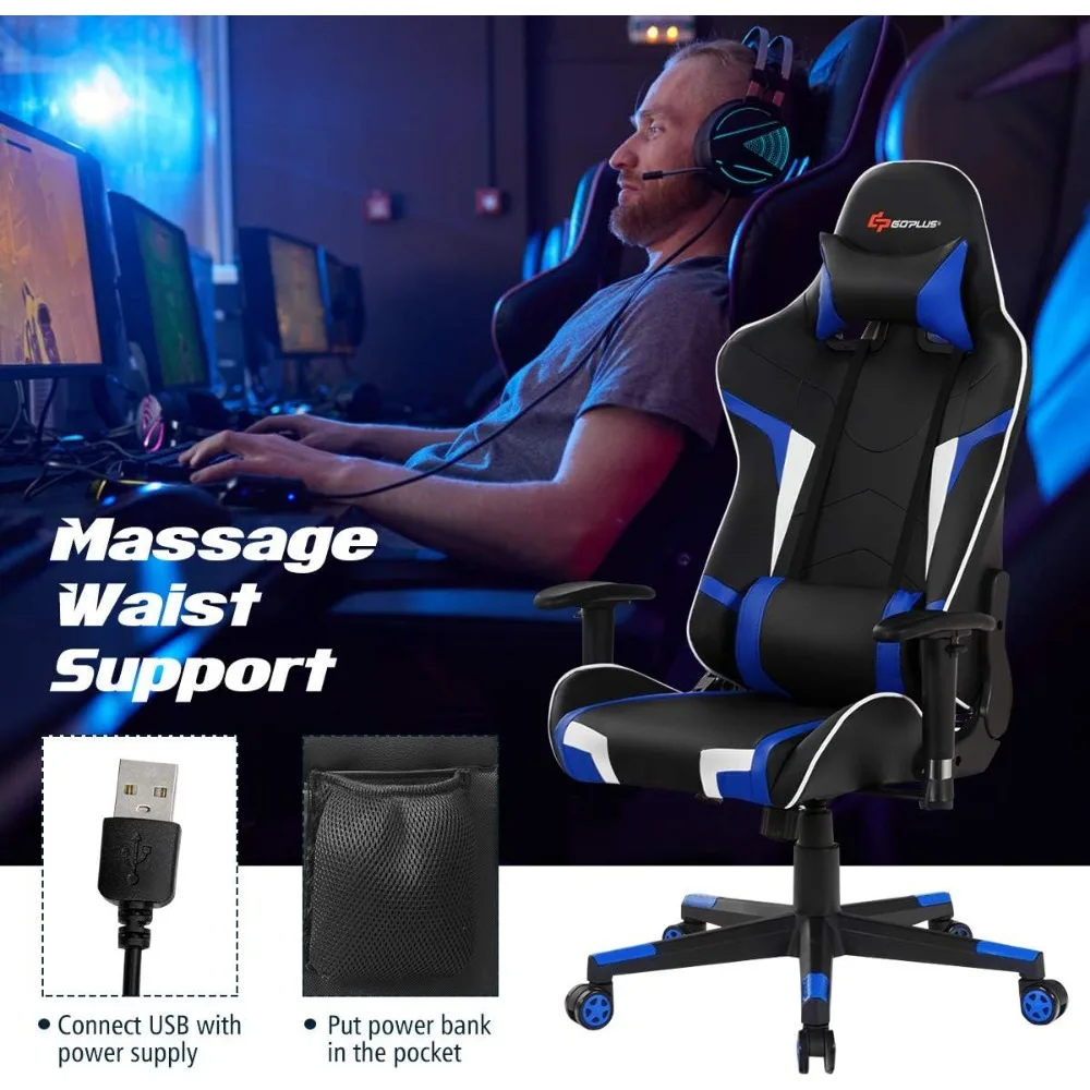 Gaming Chair, Massage Office Chair Computer Gaming Racing Chair, High Back PU Leather Adjustable Arms Headrest Ergonomic Reclin 4