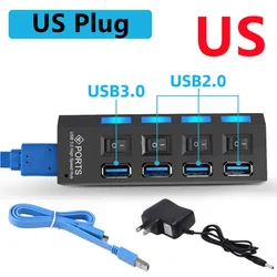 Enhanced USB Hub with LED and Independent Power Switches (US Plug)
