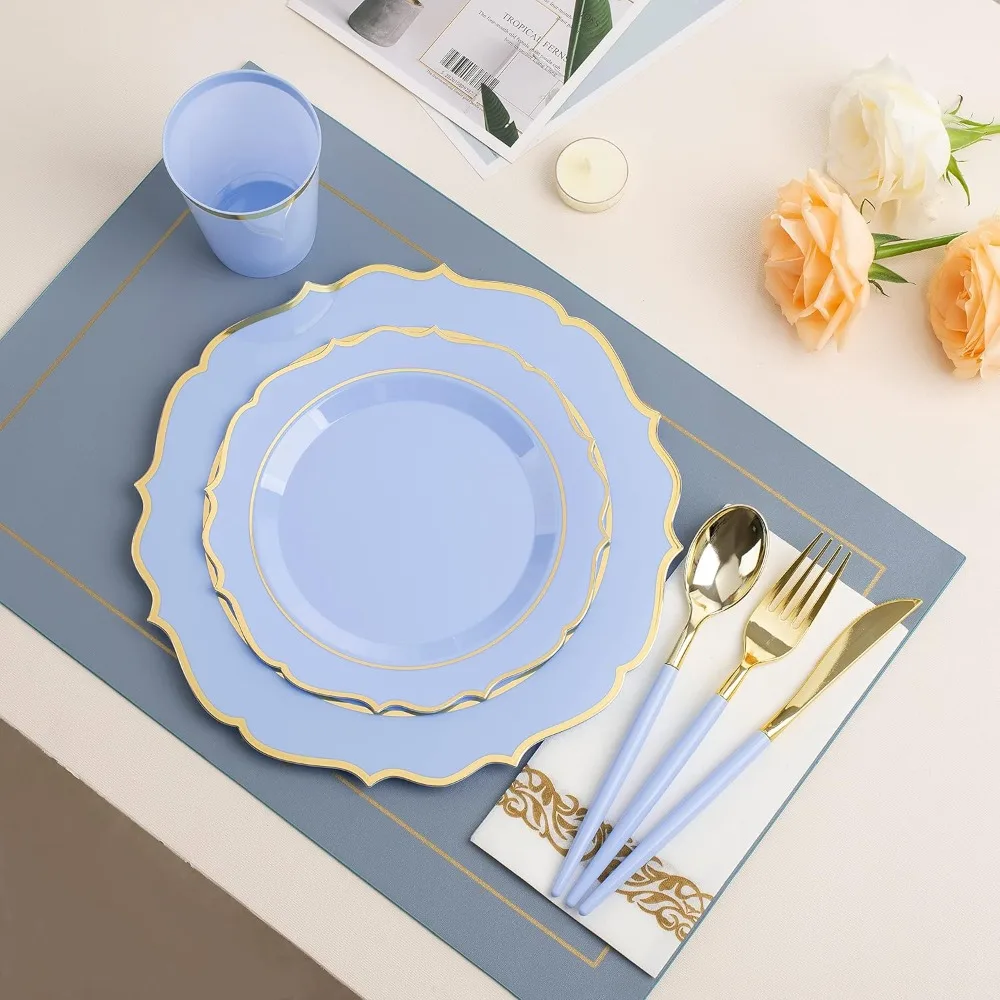 Disposable Plates &ndash; Wine Red Plastic Plates, Includes Dinner Plates, Dessert Cups, Plastic Silverware, & Napkins