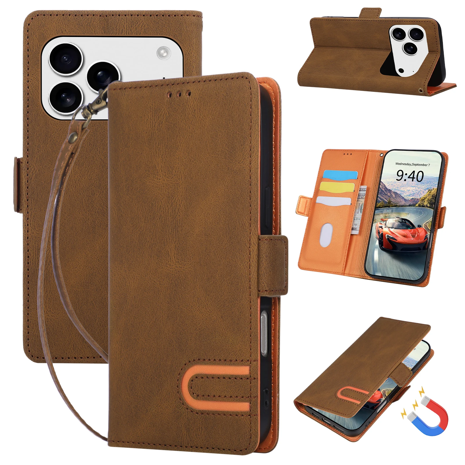 Leather U-Shaped Lanyard Wallet Phone Case with Shockproof Wrist Flip Cover and Card Slots