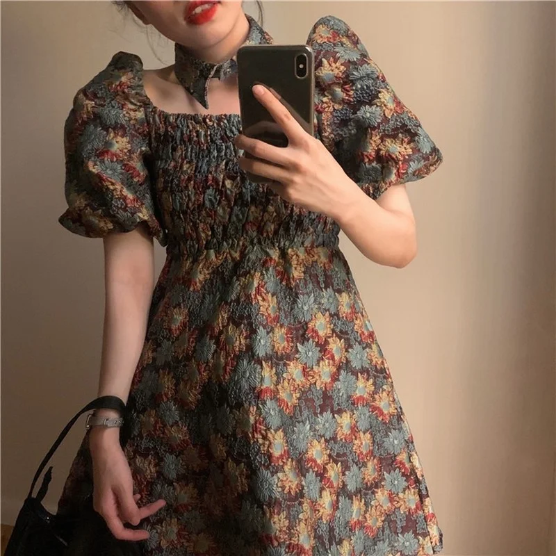 

2023 Vintage Floral Cottagecore Dress New Short Puff Sleeve Above Knee Dresses Women Summer Square Collor Waist Fashion Dress