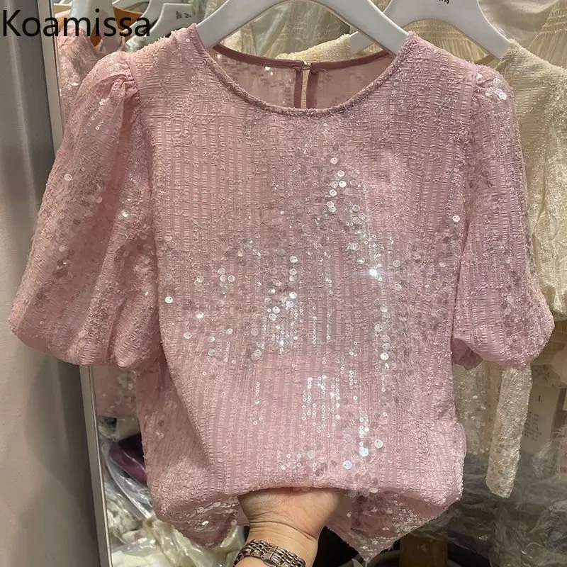 

Koamissa Fashion Blingbling Women Blouse Short Sleees O-neck Elegant Sequins Shirt Sweet Chiffon Causal Loose Dating Shirts Tops