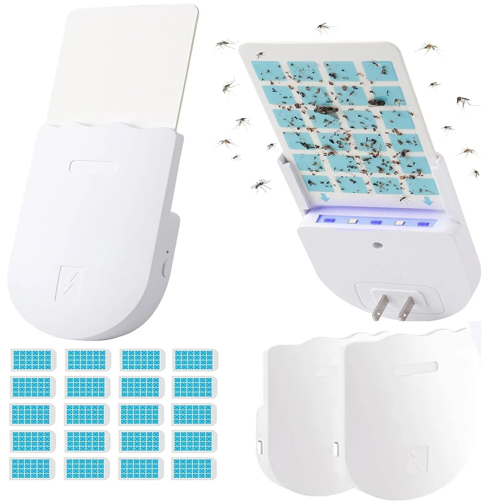 Flying Insect Trap, 2 in 1 Indoor Plug-in Fruit Fly Trap, 2 Trap White and 20 Glue Cards, Fruit Fly Traps for Gnat, Moth, Mosqui