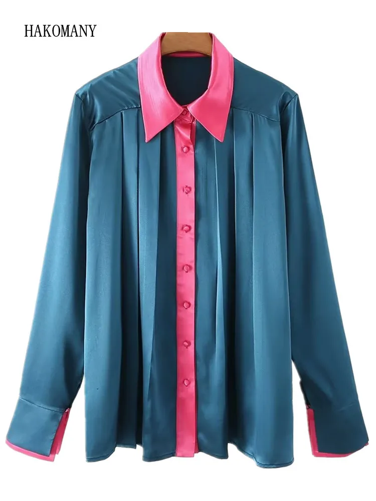 

Women Ladies Single-Breasted Buttons Loose Full Sleeve Blouses Tops Vintage Contrast Color Lapel Satin Shirt