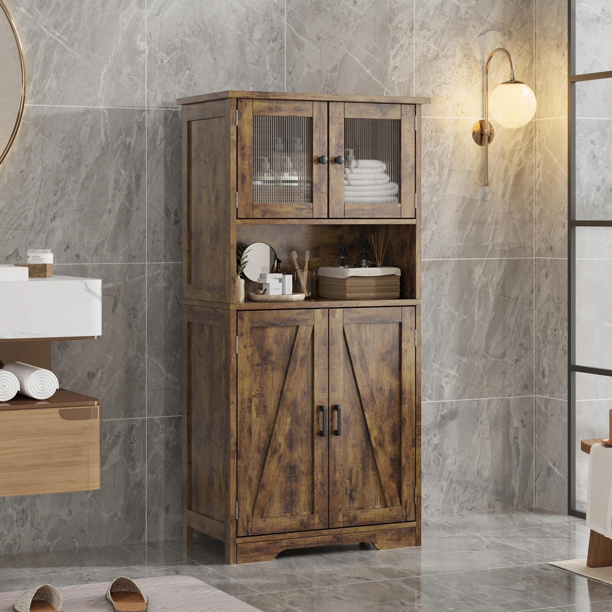 Bathroom Cabinet, White Freestanding Floor Linen Storage Cabinet, Kitchen Pantry Storage Cabinet with Glass Doors