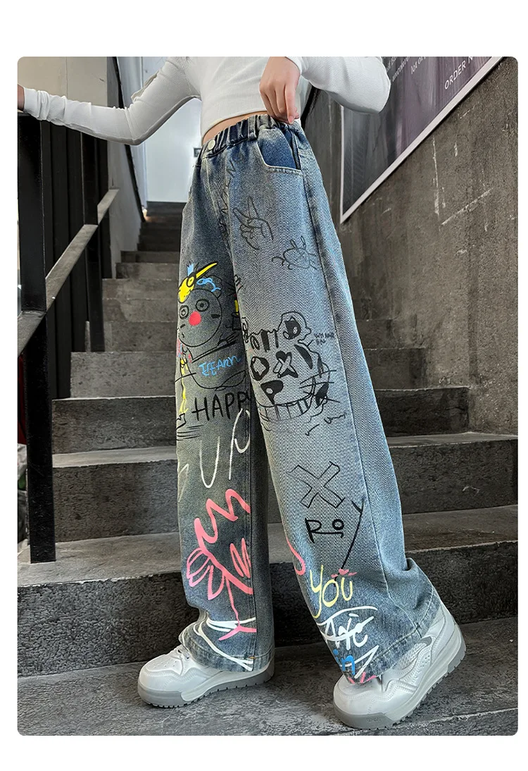 تصميم جديد للأطفال مطبوعة الهيب هوب الجينز للفتيات موضة عالية الشارع الشهير الدنيم السراويل الاطفال العصرية الكرتون الجينز السراويل 4-14T