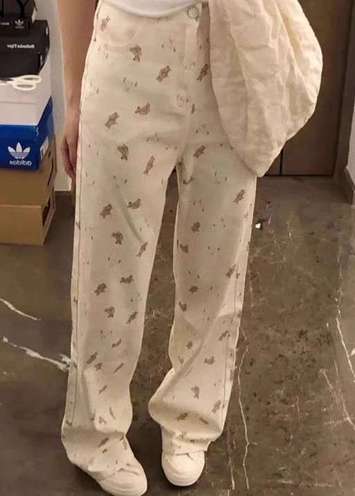 Korean retro high street cartoon bear jeans for women loose pure high-waisted cute comfortable wide-legged straight long pants