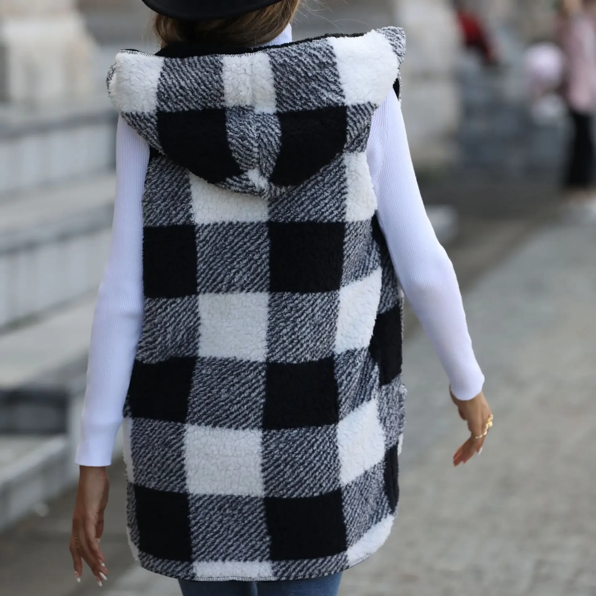 Casual Women's Hooded Sleeveless Plaid Double Sided Velvet Loose Jacket